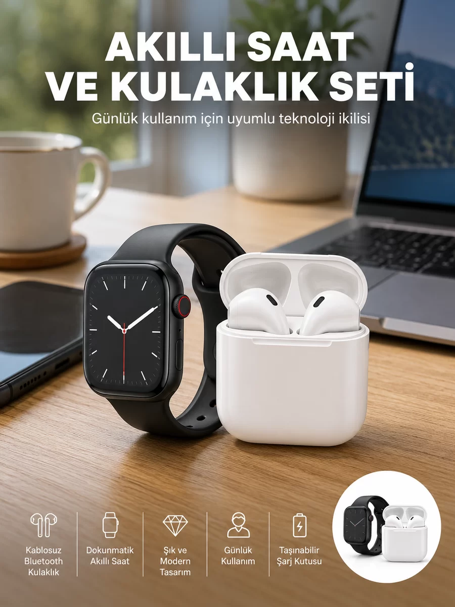 Akıllı Saat Gümüş Kasa Bluetooth Kulaklık Hediyeli Çok Fonksiyonlu İkili Set 1 Akıllı Saat Gümüş Kasa Bluetooth Kulaklık Hediyeli Çok Fonksiyonlu İkili Set