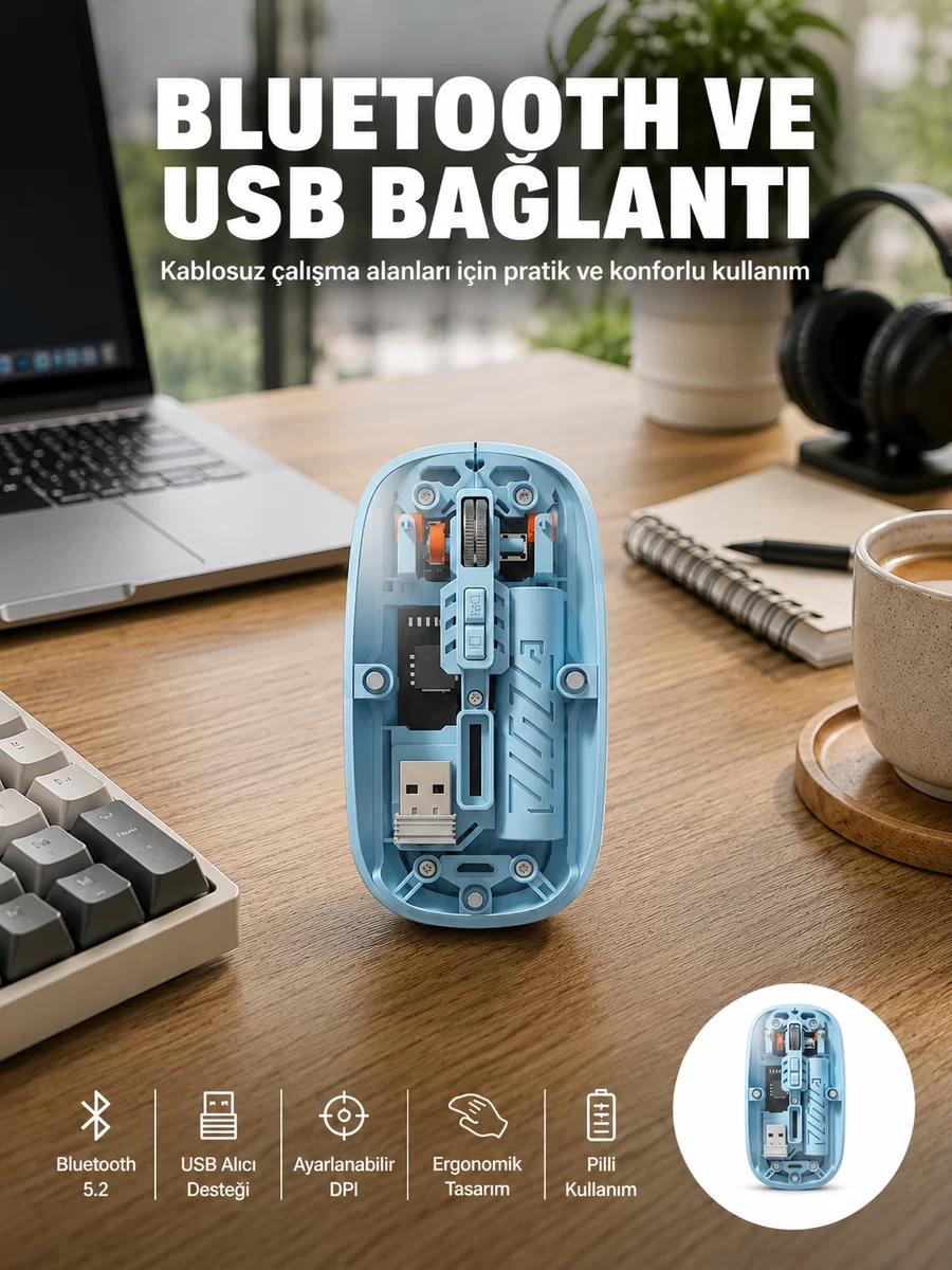 Bluetooth 5.2 Destekli Mavi Pilli Kablosuz Mouse Yeni Nesil 1 Bluetooth 5.2 Destekli Mavi Pilli Kablosuz Mouse Yeni Nesil
