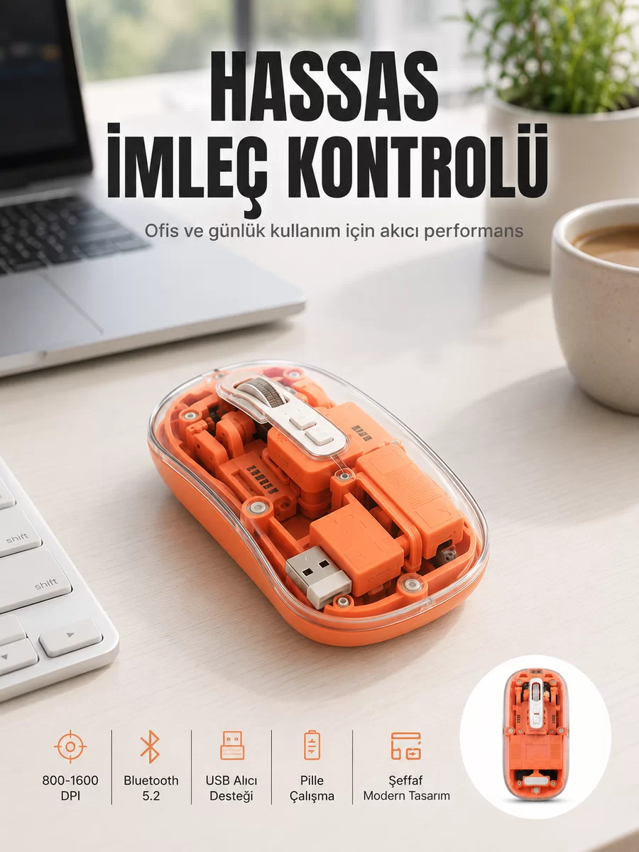 Bluetooth ve USB Destekli Kablosuz Şeffaf Mouse Sessiz Kullanım Yeni Nesil 1 Bluetooth ve USB Destekli Kablosuz Şeffaf Mouse Sessiz Kullanım Yeni Nesil