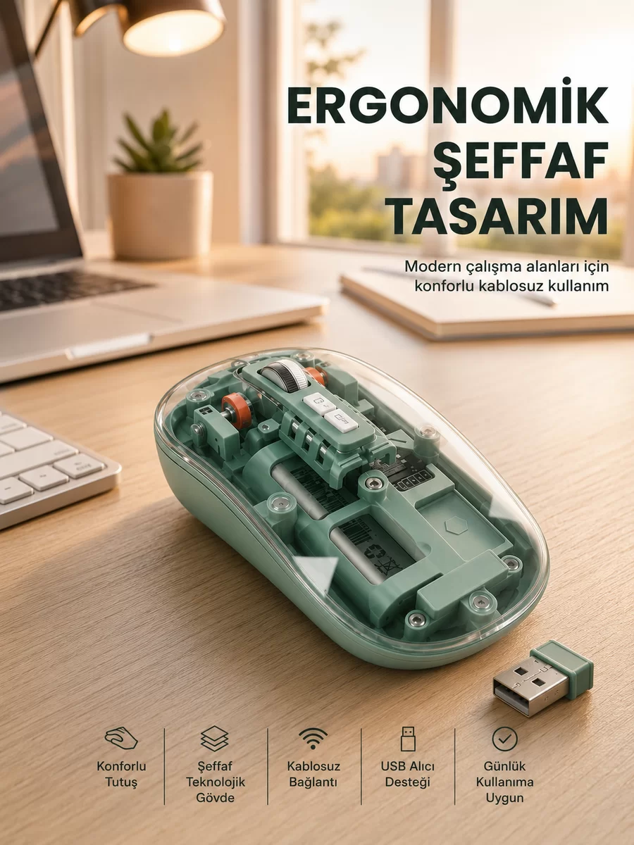 Bluetooth ve 2.4G USB Destekli Pilli Kablosuz Şeffaf Mouse Yeni Nesil 1 Bluetooth ve 2.4G USB Destekli Pilli Kablosuz Şeffaf Mouse Yeni Nesil