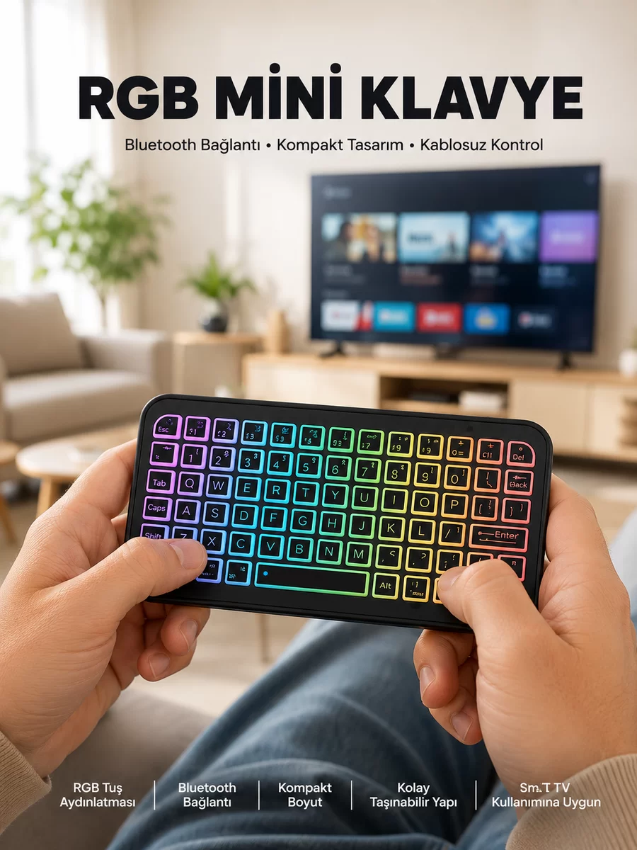 Kompakt Siyah RGB Işıklı Bluetooth Mini Klavye 1 Kompakt Siyah RGB Işıklı Bluetooth Mini Klavye