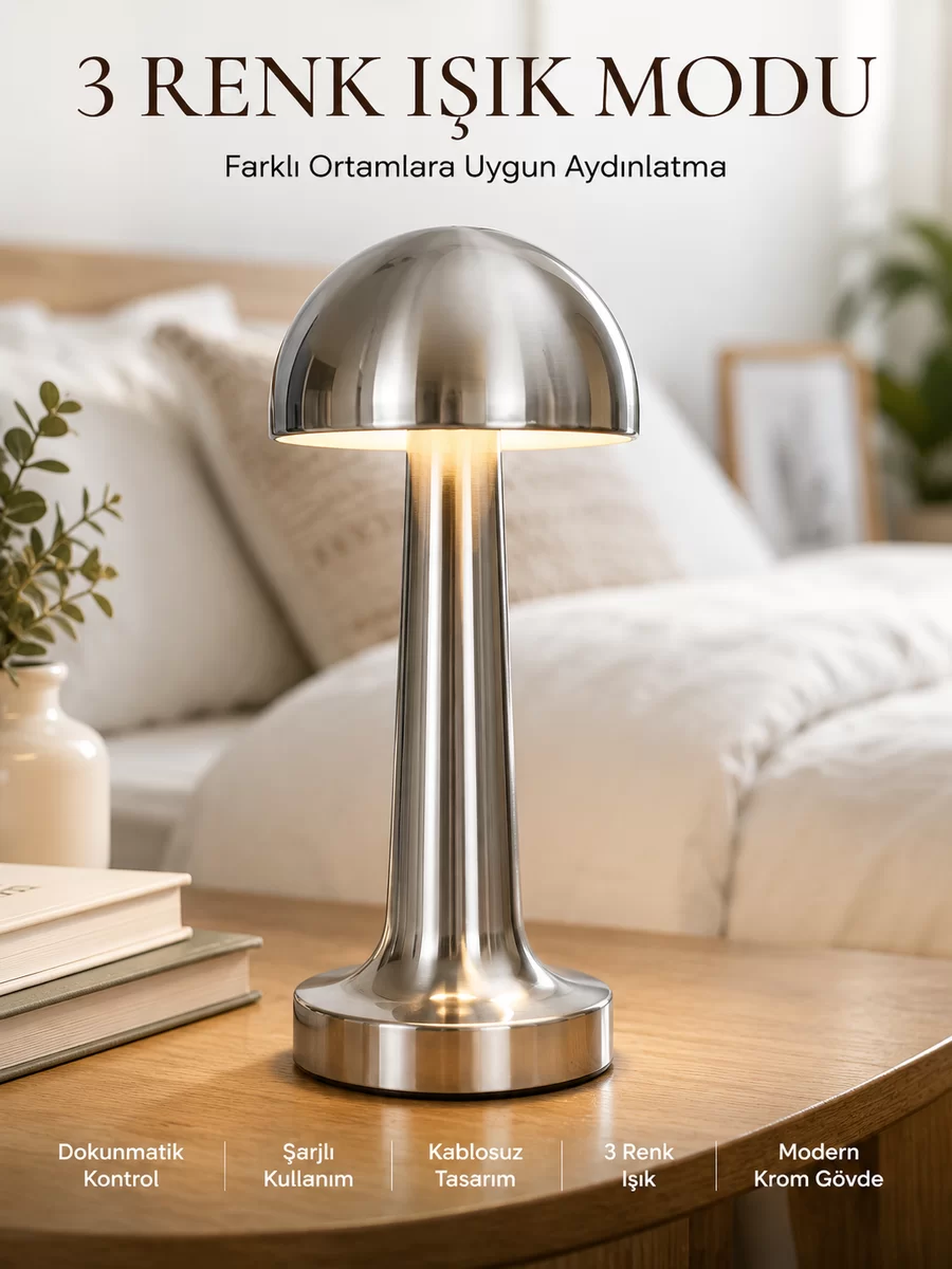 Modern Mantar Masa Lambası Dokunmatik 3 Işık Modlu Şarjlı Kablosuz LED Yeni Nesil 1 Modern Mantar Masa Lambası Dokunmatik 3 Işık Modlu Şarjlı Kablosuz LED Yeni Nesil