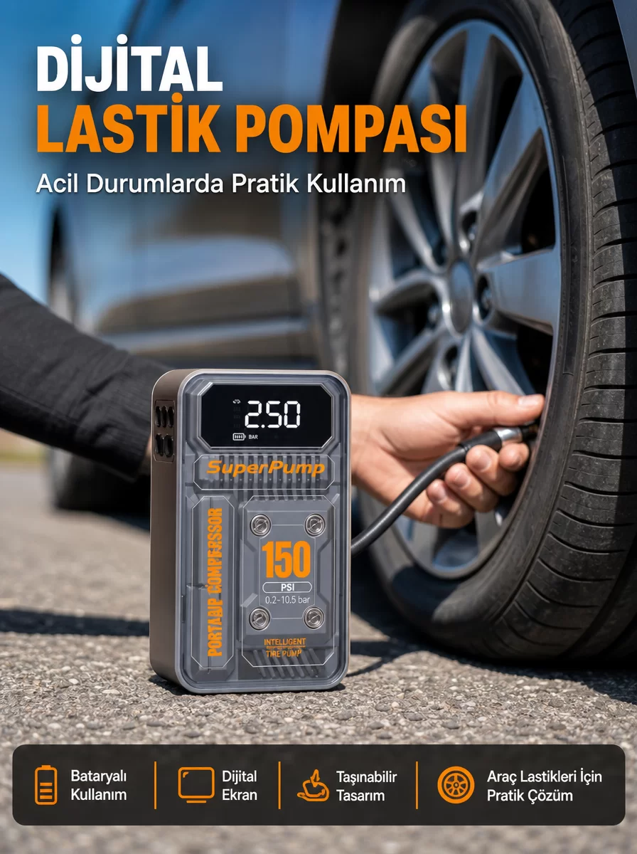 150 PSI Kablosuz Dijital Ekranlı Taşınabilir Araç Lastik Pompası 1 150 PSI Kablosuz Dijital Ekranlı Taşınabilir Araç Lastik Pompası