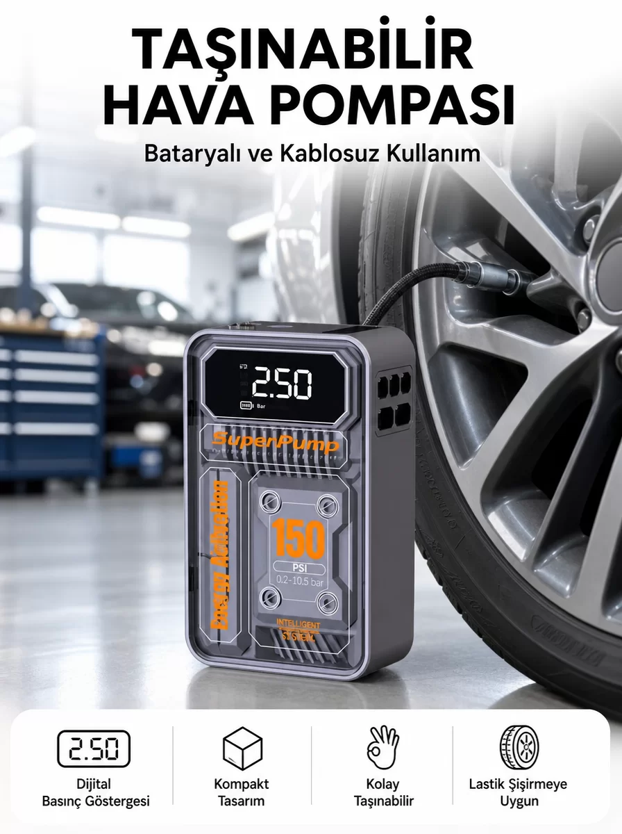 6000mAh Bataryalı LED Ekranlı Akıllı Hava Kompresörü 1 6000mAh Bataryalı LED Ekranlı Akıllı Hava Kompresörü