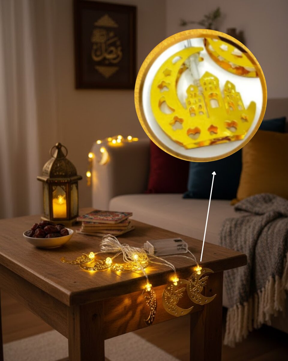 Gold Renk Metal Minareli Hilal LED Işık Pilli Ramazan Süsü 3 Gold Renk Metal Minareli Hilal LED Işık Pilli Ramazan Süsü - Görsel 3