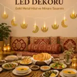 Minareli Hilal LED Işık Gold Metal Gövdeli Pilli Ramazan Dekoru
