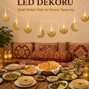 Minareli Hilal LED Işık Gold Metal Gövdeli Pilli Ramazan Dekoru
