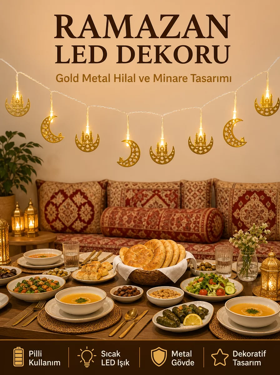 Minareli Hilal LED Işık Gold Metal Gövdeli Pilli Ramazan Dekoru 1 Minareli Hilal LED Işık Gold Metal Gövdeli Pilli Ramazan Dekoru