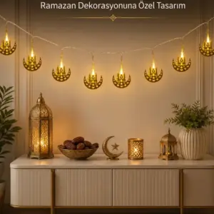 Dekoratif Minareli Hilal LED Işık Metal Gövdeli Ramazan Aydınlatma