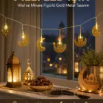 Pilli Minareli Hilal LED Işık Gold Metal Ramazan Dekorasyonu