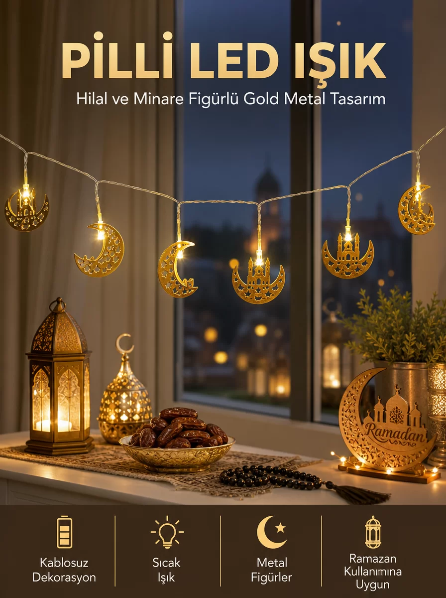 Pilli Minareli Hilal LED Işık Gold Metal Ramazan Dekorasyonu 1 Pilli Minareli Hilal LED Işık Gold Metal Ramazan Dekorasyonu