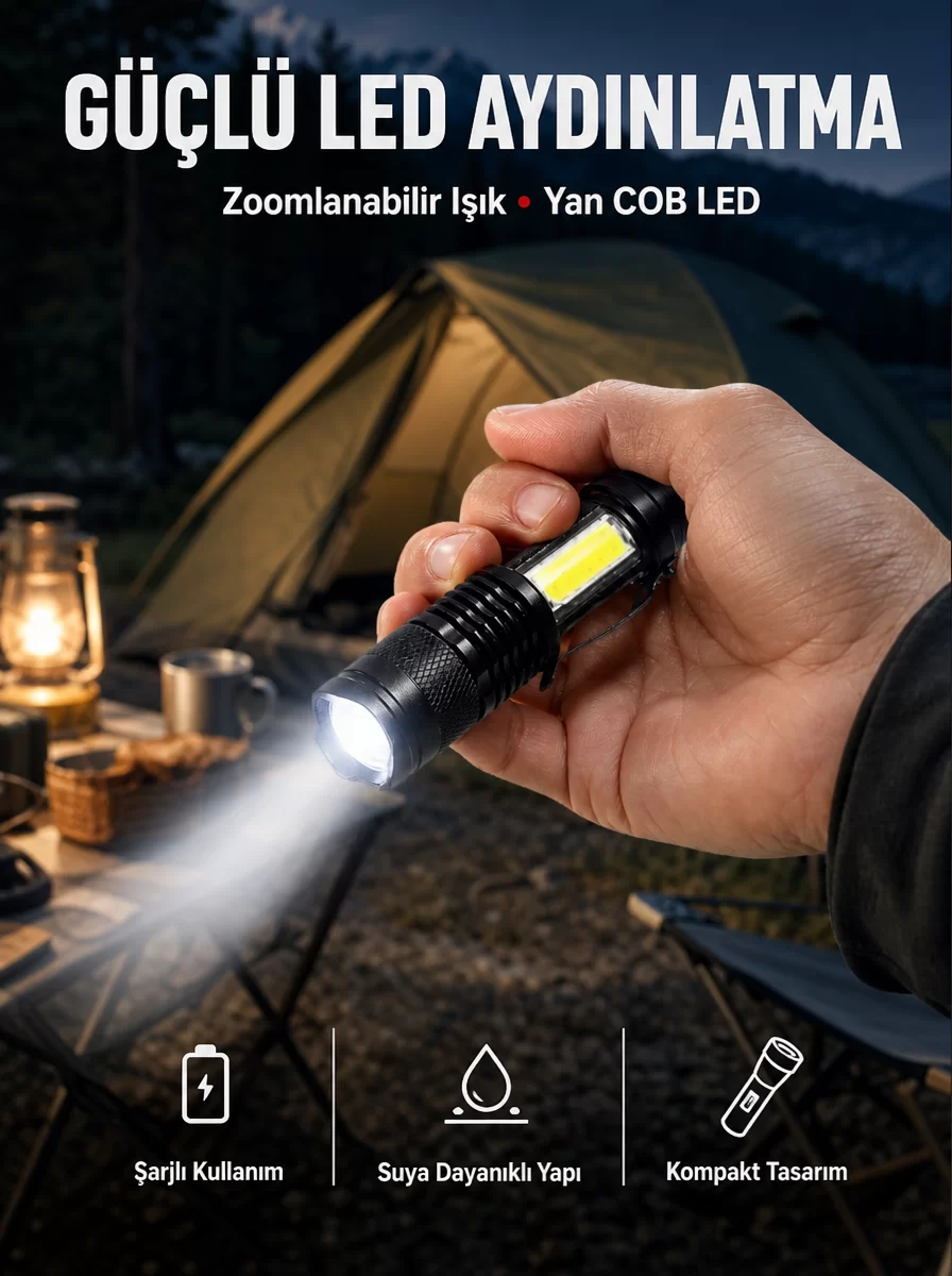 Mini Boy LED El Feneri - 2000 Lümen Su Geçirmez Tasarım Yeni Nesil 1 Mini Boy LED El Feneri - 2000 Lümen Su Geçirmez Tasarım Yeni Nesil