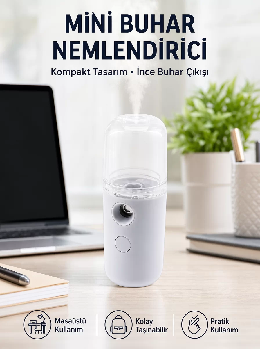 Mini Şarjlı Buhar Nemlendirici – Taşınabilir, Enerji Tasarruflu, Kablosuz Kullanım Yeni Nesil 1 Mini Şarjlı Buhar Nemlendirici – Taşınabilir, Enerji Tasarruflu, Kablosuz Kullanım Yeni Nesil