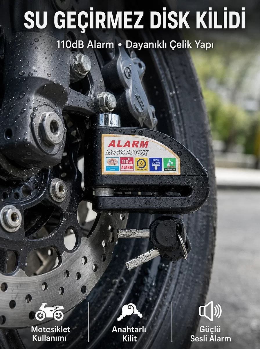 Suya Dayanıklı 110dB Alarmlı Çelik Disk Kilidi Yeni Nesil 1 Suya Dayanıklı 110dB Alarmlı Çelik Disk Kilidi Yeni Nesil