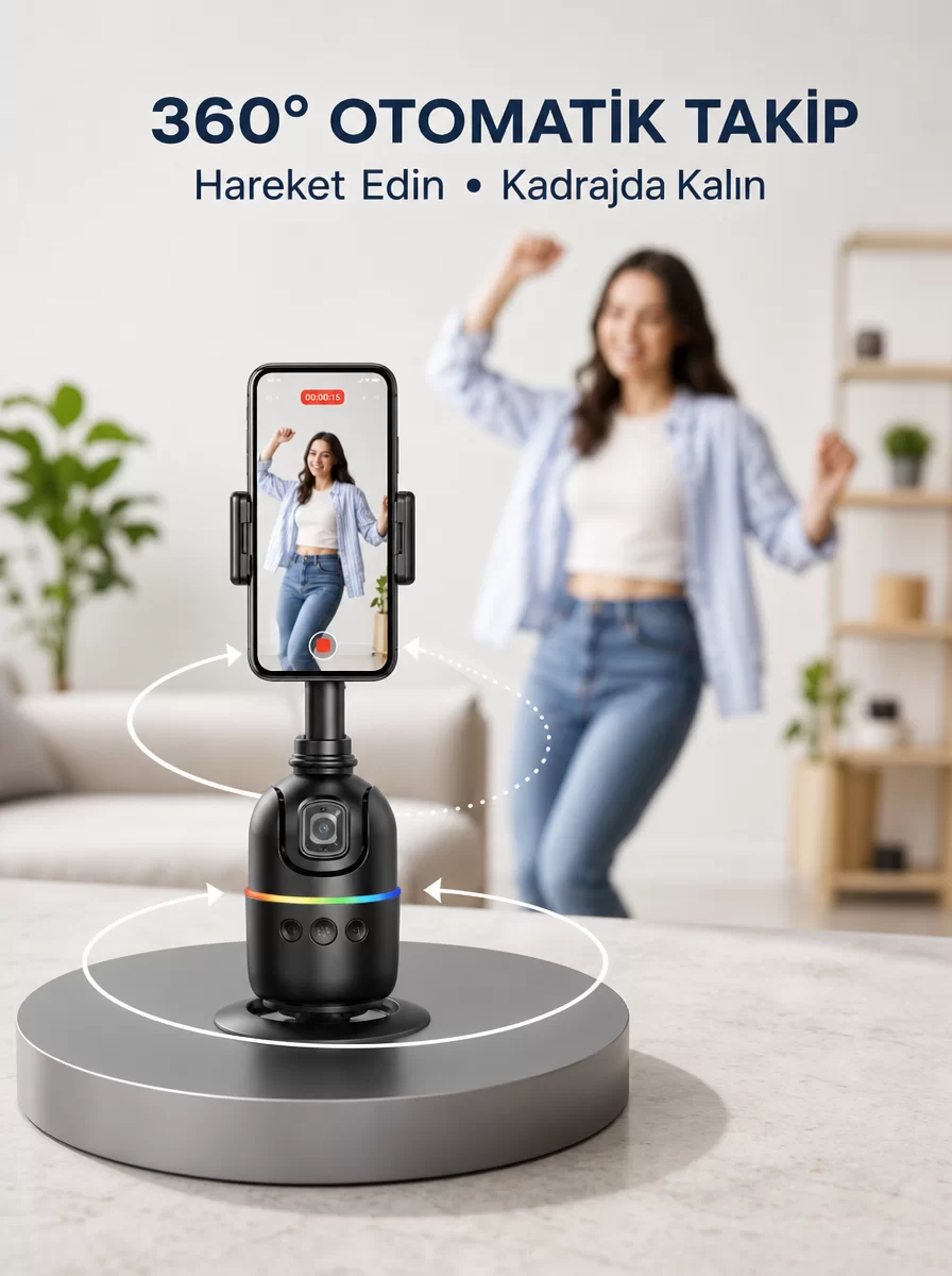 Yapay Zeka Destekli Yüz Takip Özellikli 360 Derece Dönen Masaüstü Telefon Sabitleyici Yeni Nesil 1 Yapay Zeka Destekli Yüz Takip Özellikli 360 Derece Dönen Masaüstü Telefon Sabitleyici Yeni Nesil