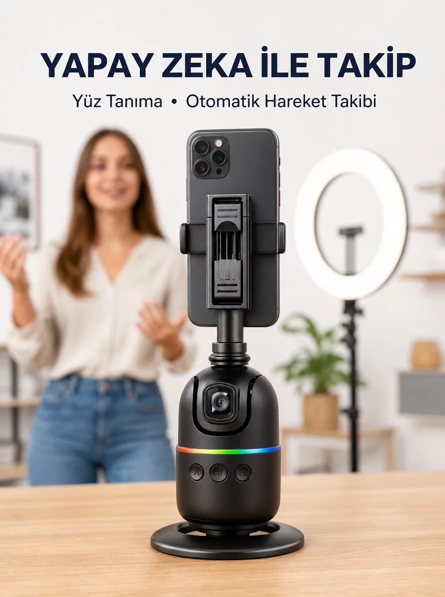 Telefon ve Kamera Uyumlu 360° Otomatik Takipli Akıllı Masa Tripodu Yeni Nesil 1 Telefon ve Kamera Uyumlu 360° Otomatik Takipli Akıllı Masa Tripodu Yeni Nesil