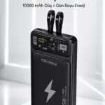 Powerbank Hızlı Şarj 10000 mAh Dahili Kablo Yeni Nesil