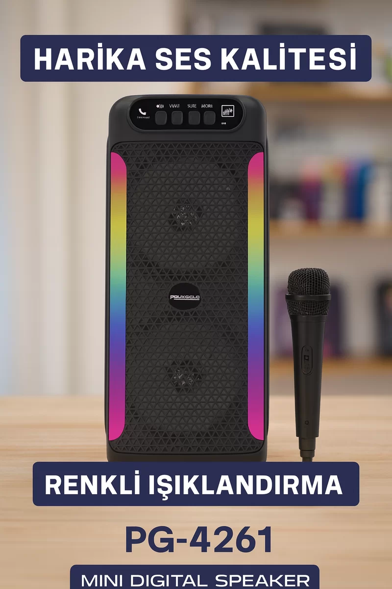 RGB Işıklı Çift Hoparlörlü Taşınabilir Bluetooth Speaker ve Mikrofon Yeni Nesil 2 RGB Işıklı Çift Hoparlörlü Taşınabilir Bluetooth Speaker ve Mikrofon Yeni Nesil - Görsel 2