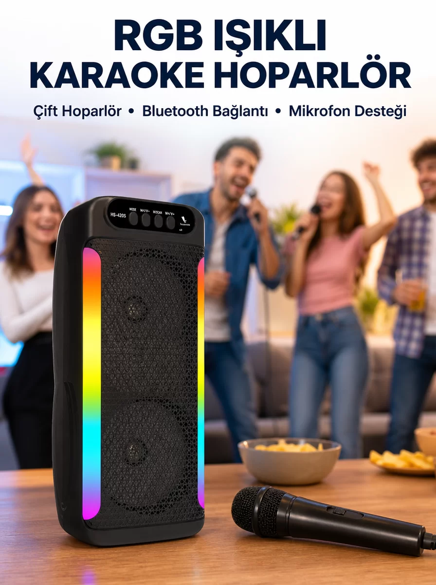 RGB Işıklı Çift Hoparlörlü Taşınabilir Bluetooth Speaker ve Mikrofon Yeni Nesil 1 RGB Işıklı Çift Hoparlörlü Taşınabilir Bluetooth Speaker ve Mikrofon Yeni Nesil
