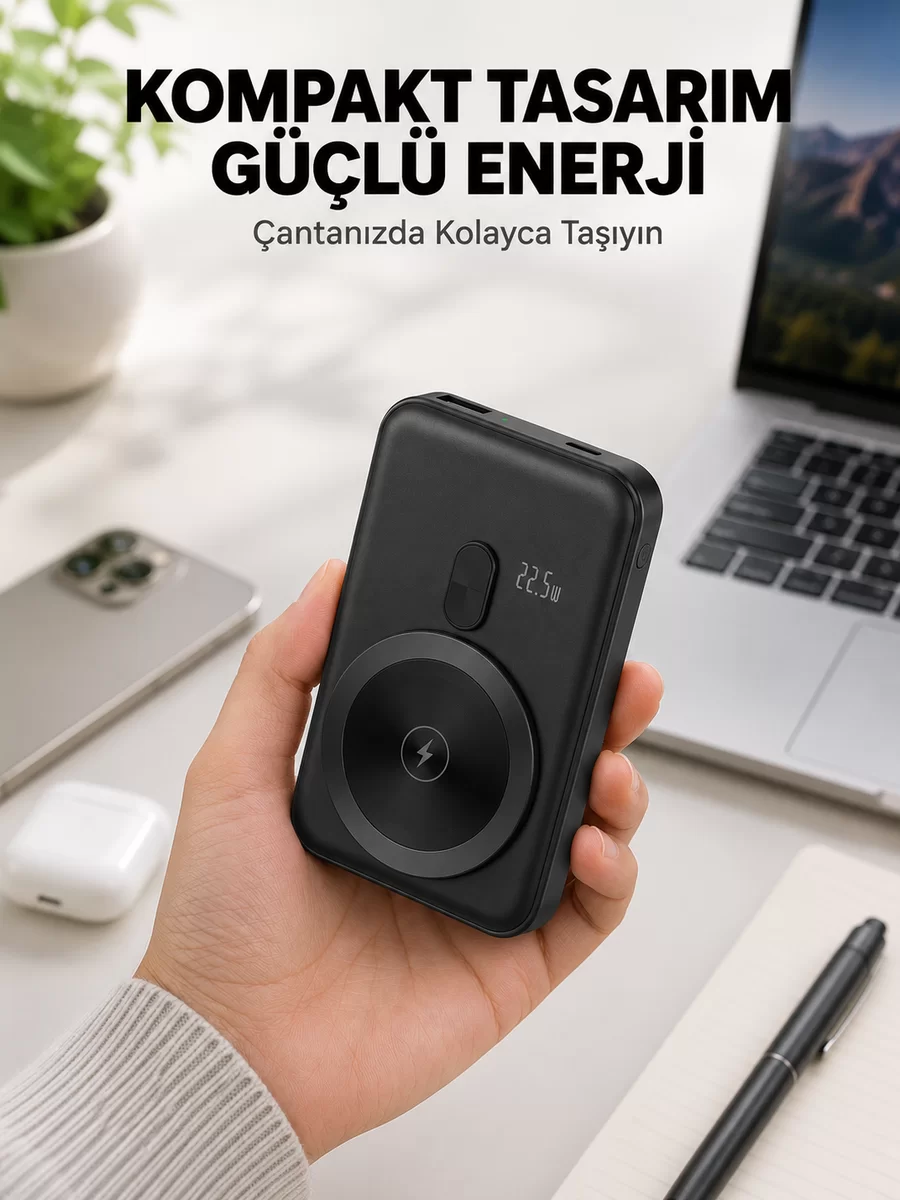 Manyetik Kablosuz Powerbank 22.5W Hızlı Şarj LCD Göstergeli Yeni Nesil 1 Manyetik Kablosuz Powerbank 22.5W Hızlı Şarj LCD Göstergeli Yeni Nesil