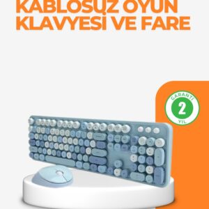 Haydiburaya 11 Kablosuz Retro Klavye ve Mouse Seti – 104 Tuşlu Sevimli Tasarım