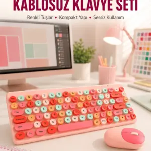 Renkli Retro Tuş Takımlı Klavye – 3 Cihaz Bağlantısı Medya Kısayol Tuşları Yeni Nesil