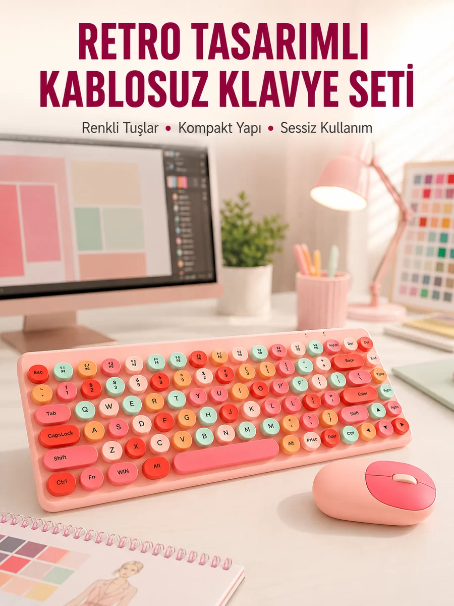 Renkli Retro Tuş Takımlı Klavye – 3 Cihaz Bağlantısı Medya Kısayol Tuşları Yeni Nesil 1 Renkli Retro Tuş Takımlı Klavye – 3 Cihaz Bağlantısı Medya Kısayol Tuşları Yeni Nesil