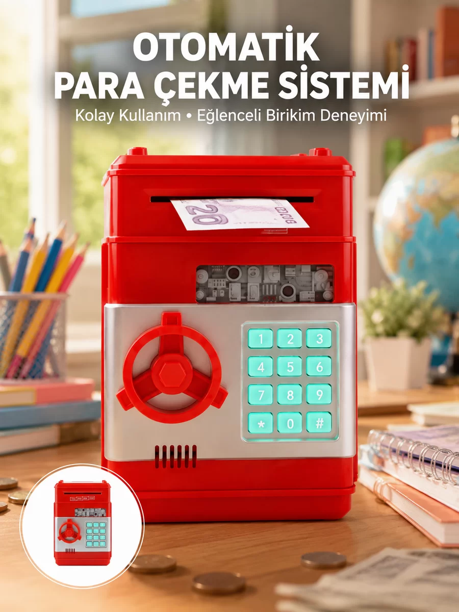 Kırmızı Şifreli ATM Kasa Para Yutan Kumbara 1 Kırmızı Şifreli ATM Kasa Para Yutan Kumbara