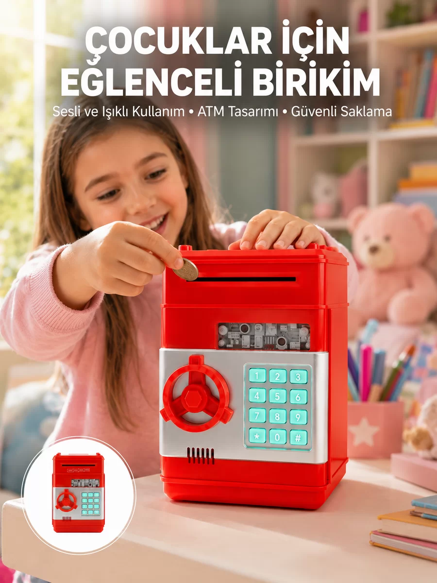 Kırmızı ATM Kasa Tipi Para Biriktirme Kumbarası 1 Kırmızı ATM Kasa Tipi Para Biriktirme Kumbarası