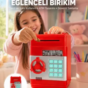 Şifreli Kırmızı ATM Tasarımlı Çelik Kasa Görünümlü Kumbara