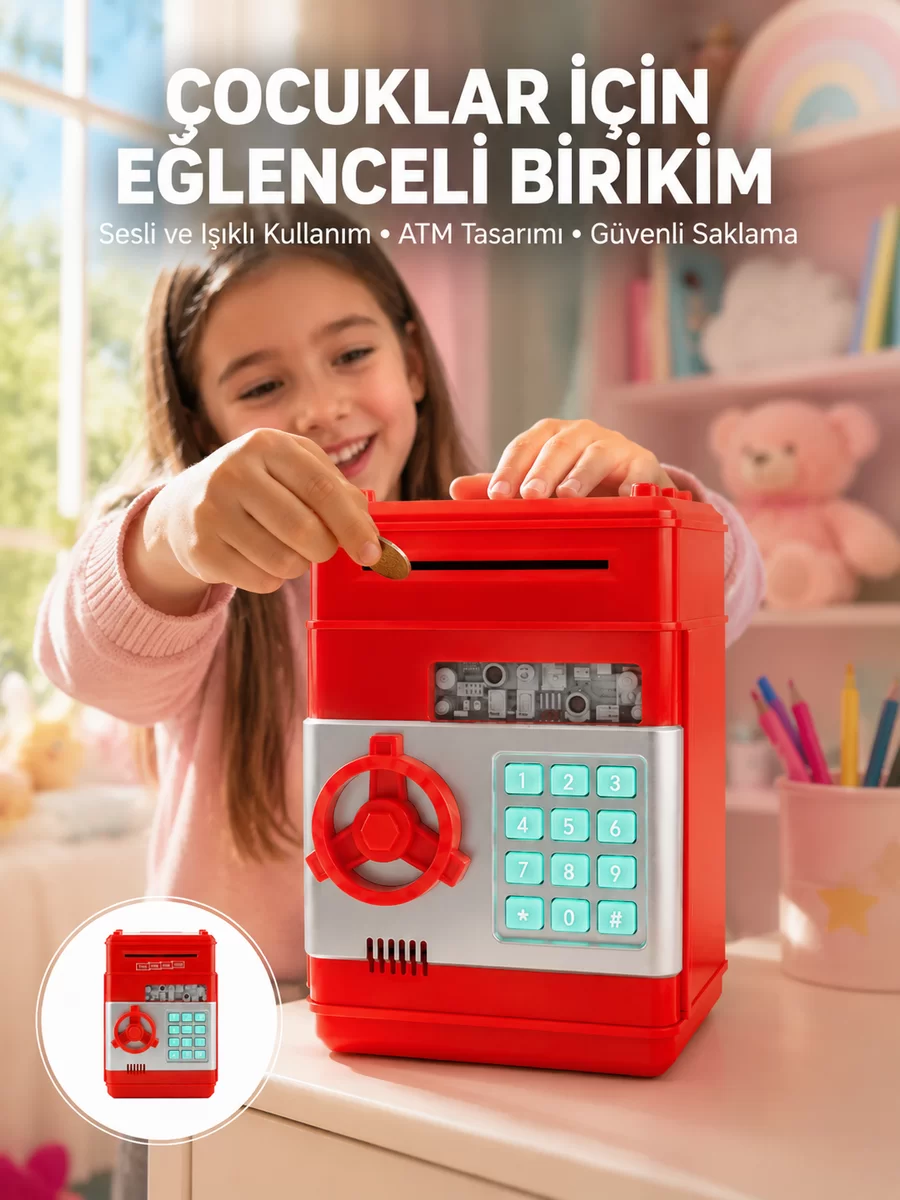 Şifreli Kırmızı ATM Tasarımlı Çelik Kasa Görünümlü Kumbara 1 Şifreli Kırmızı ATM Tasarımlı Çelik Kasa Görünümlü Kumbara