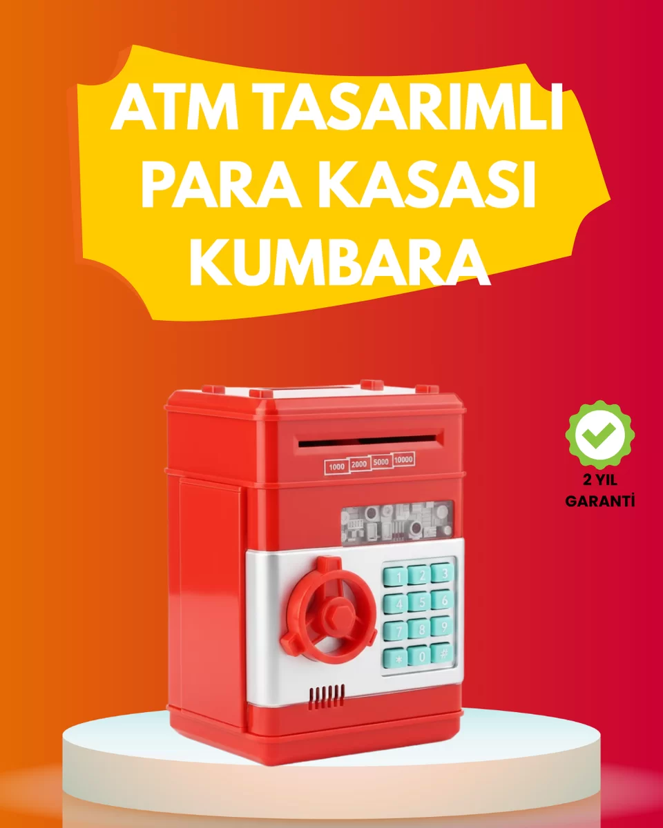 ATM Görünümlü Kırmızı Elektronik Şifreli Kumbara 1 ATM Görünümlü Kırmızı Elektronik Şifreli Kumbara