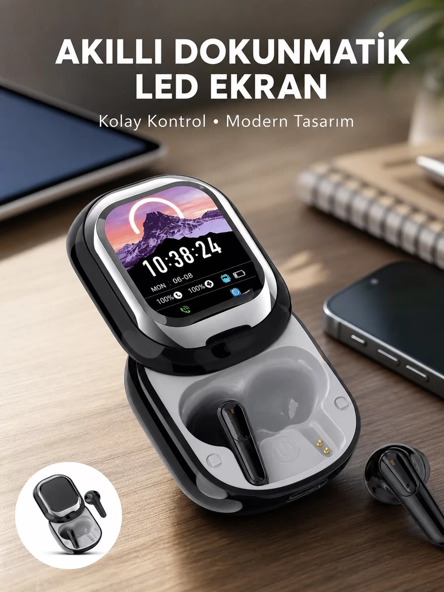 Şık Akıllı ve Güçlü: LED Ekranlı Kablosuz Kulaklık Seti 1 Şık Akıllı ve Güçlü: LED Ekranlı Kablosuz Kulaklık Seti
