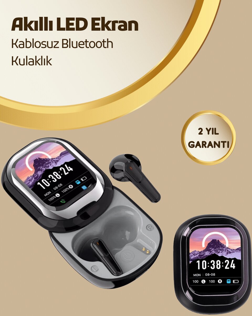 Akıllı Ekranlı Bluetooth 5.4 Kablosuz Kulaklık – Dokunmatik ve Şarj Kutulu 1 Akıllı Ekranlı Bluetooth 5.4 Kablosuz Kulaklık – Dokunmatik ve Şarj Kutulu