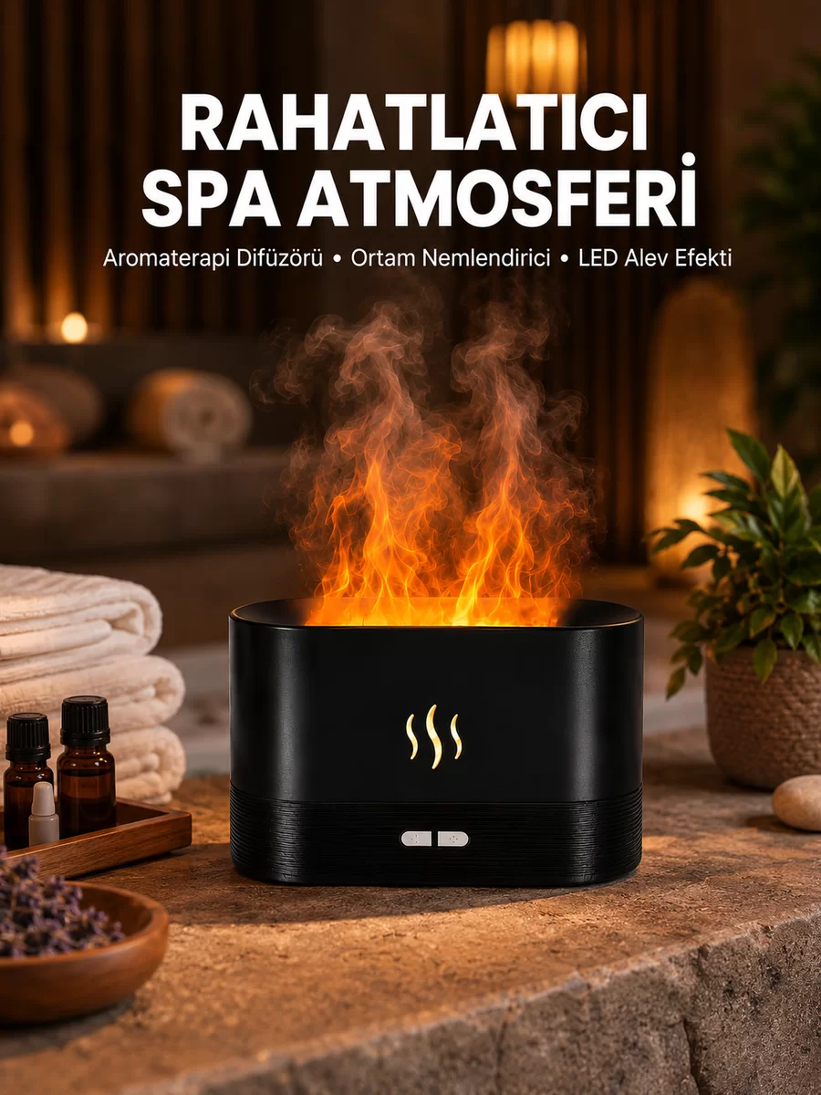 Alev Görünümlü Hava Nemlendirici Kumandalı LED Işıklı Aromatik Difüzör Yeni Nesil 1 Alev Görünümlü Hava Nemlendirici Kumandalı LED Işıklı Aromatik Difüzör Yeni Nesil