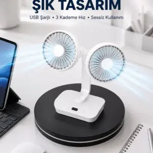 720° Döner Çift Taraflı Masaüstü Vantilatör – USB Şarjlı Sessiz Fan