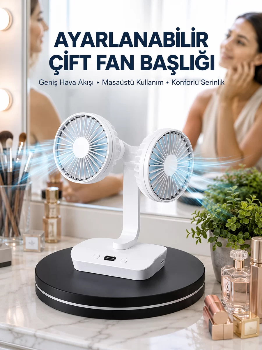 Ayarlanabilir Hızlı Çift Başlıklı Masaüstü Fan – Gece Lambalı Serinletici 1 Ayarlanabilir Hızlı Çift Başlıklı Masaüstü Fan – Gece Lambalı Serinletici