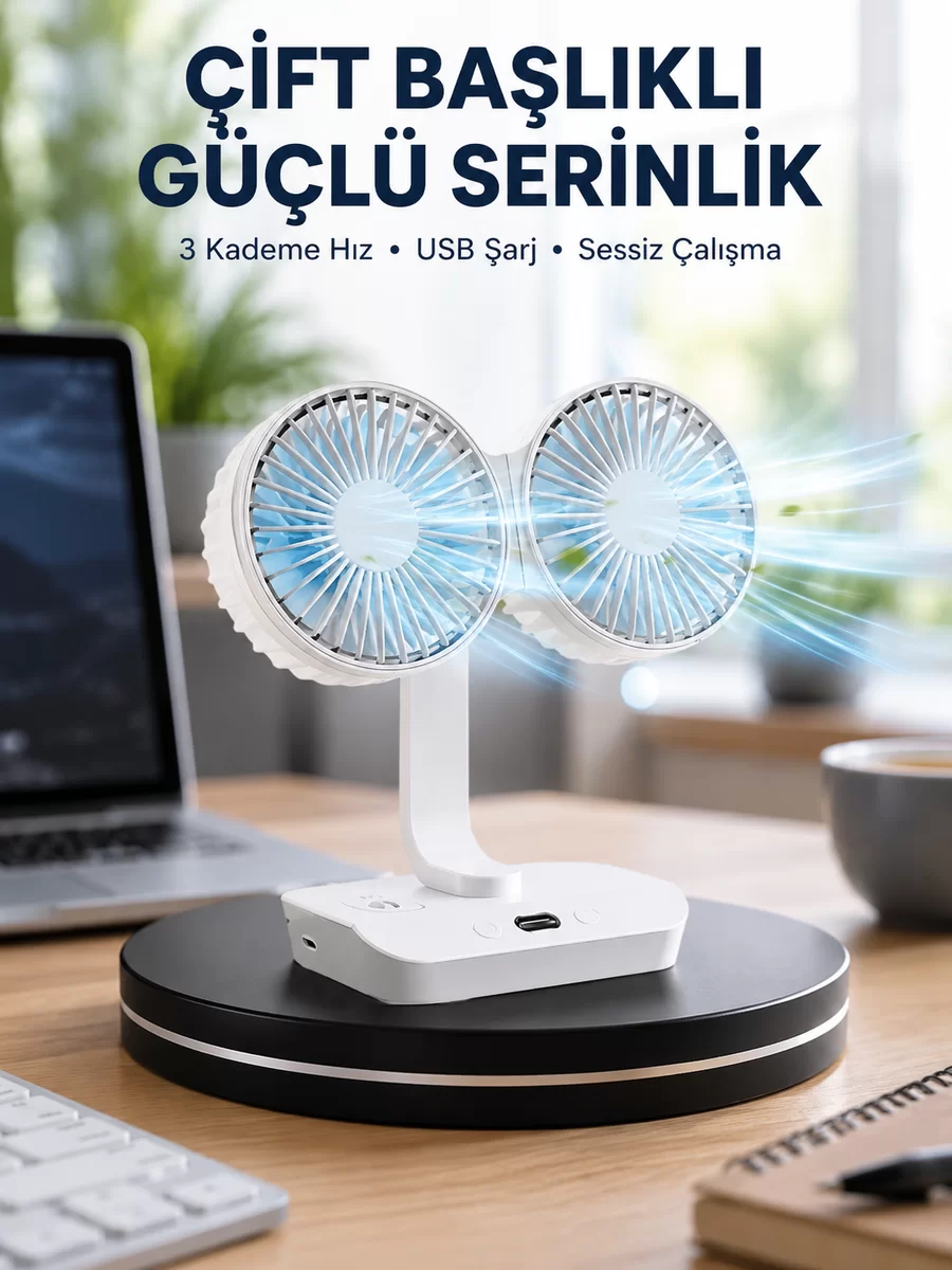 Sessiz Çalışan USB Şarjlı Çift Kafalı Masaüstü Fan – Ev ve Ofis İçin 1 Sessiz Çalışan USB Şarjlı Çift Kafalı Masaüstü Fan – Ev ve Ofis İçin