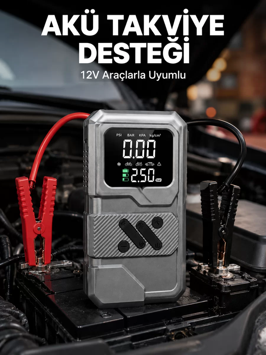 Taşınabilir Araç Akü Takviye ve Hava Kompresörü Powerbank Özellikli 1 Taşınabilir Araç Akü Takviye ve Hava Kompresörü Powerbank Özellikli