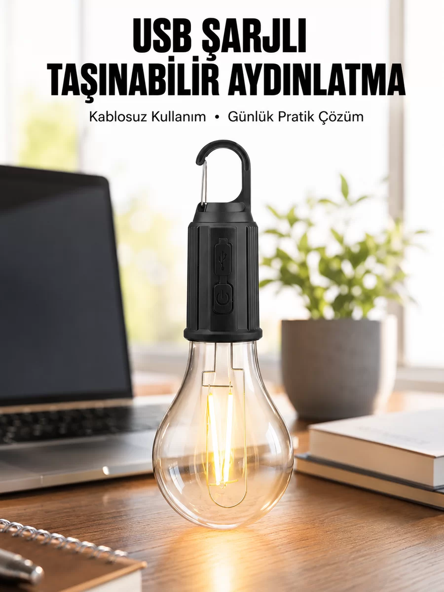 Şarjlı Dekoratif Kamp Lambası Askılı Ampul Led Işık Type-C Girişli 1 Şarjlı Dekoratif Kamp Lambası Askılı Ampul Led Işık Type-C Girişli