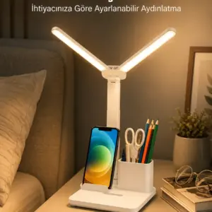 Kısılabilir LED Masa Lambası – Kalemlik Telefon Standı ve Okuma Işığı Bir Arada Yeni Nesil