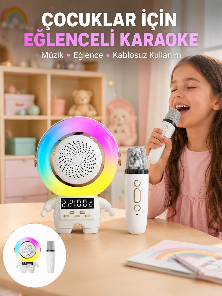 Renkli Işıklı Astronot Mini Bluetooth Speaker ve Karaoke Mikrofon 1 Renkli Işıklı Astronot Mini Bluetooth Speaker ve Karaoke Mikrofon