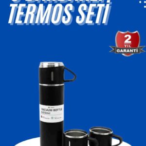 Termos Seti 3'lü Bardak Seti Isı Dayanıklı Siyah Paslanmaz Çelik Vakumlu