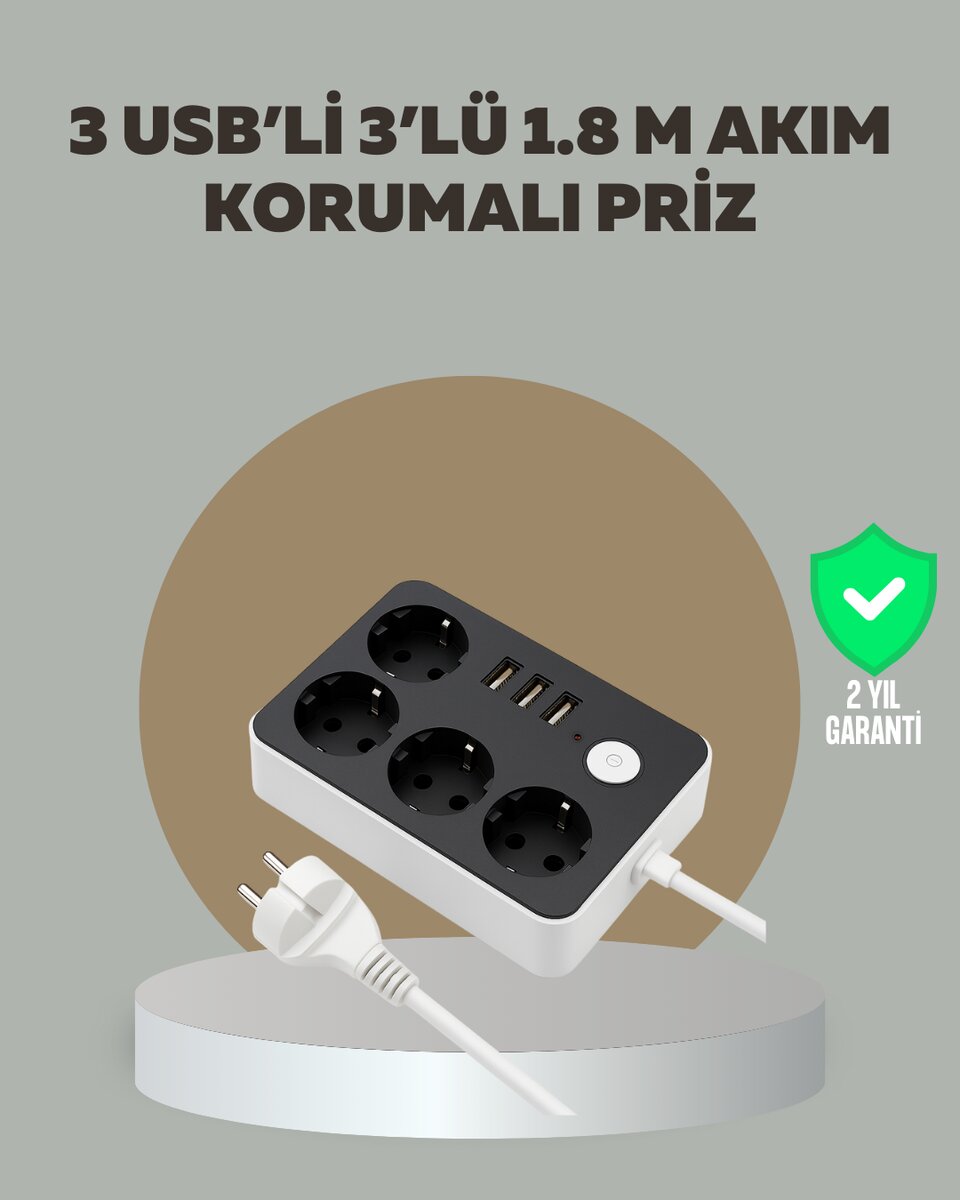 4 Prizli 3 USB Portlu Anahtarlı Akım Korumalı Priz 1 4 Prizli 3 USB Portlu Anahtarlı Akım Korumalı Priz