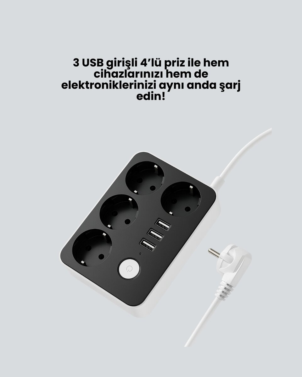 4 Prizli 3 USB Portlu Anahtarlı Akım Korumalı Priz 2 4 Prizli 3 USB Portlu Anahtarlı Akım Korumalı Priz - Görsel 2
