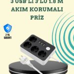 7 Cihazı Aynı Anda Destekleyen 3 USB Portlu 4’lü Priz