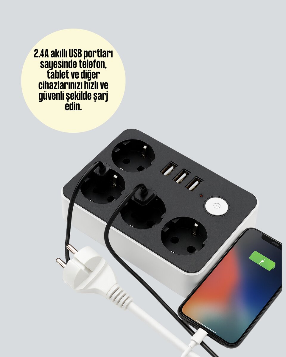 4.1A Hızlı Şarjlı Akım Korumalı 4 Priz ve 3 USB Çıkışlı Priz 3 4.1A Hızlı Şarjlı Akım Korumalı 4 Priz ve 3 USB Çıkışlı Priz - Görsel 3
