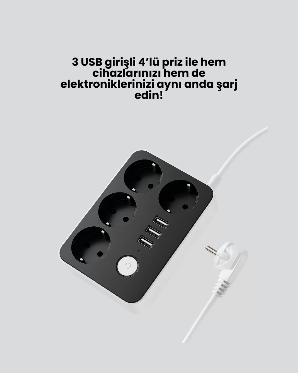 3 USB Çıkışlı 4’lü Akıllı Priz 2500W 2 Metre Kablo 2 3 USB Çıkışlı 4’lü Akıllı Priz 2500W 2 Metre Kablo - Görsel 2