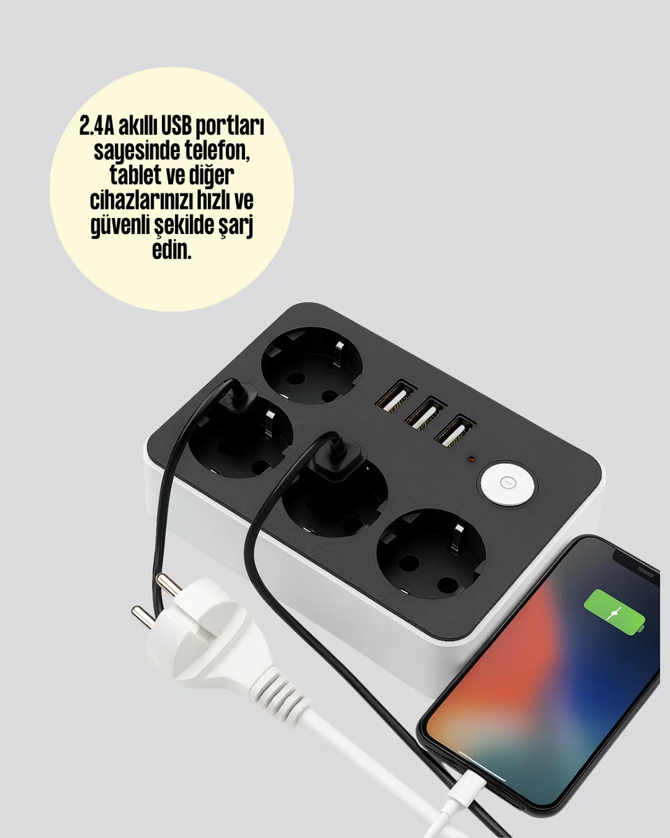 3 USB Çıkışlı 4’lü Akıllı Priz 2500W 2 Metre Kablo 3 3 USB Çıkışlı 4’lü Akıllı Priz 2500W 2 Metre Kablo - Görsel 3