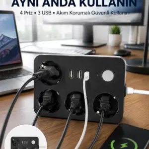 3 USB Çıkışlı 4’lü Akıllı Priz 2500W 2 Metre Kablo